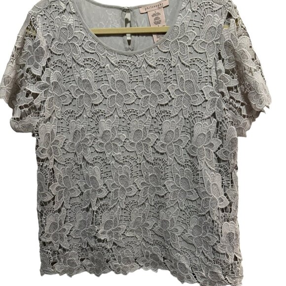 Philosophy - Gray Lace overlay Short Sleeve Top - Size L - Picture 1 of 4